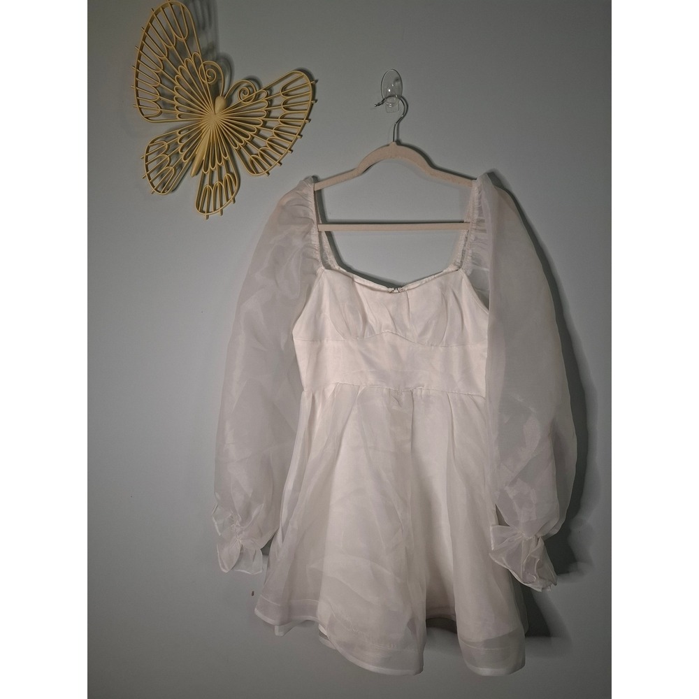 Selfie Leslie White Organza Puff Sleeve Mini Dress Wedding Bachelorette M NEW